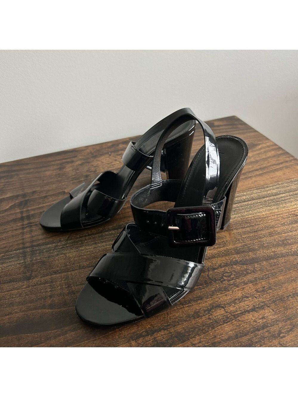 J. Crew Black Patent Leather Women's Heel Sandals, Size 7.